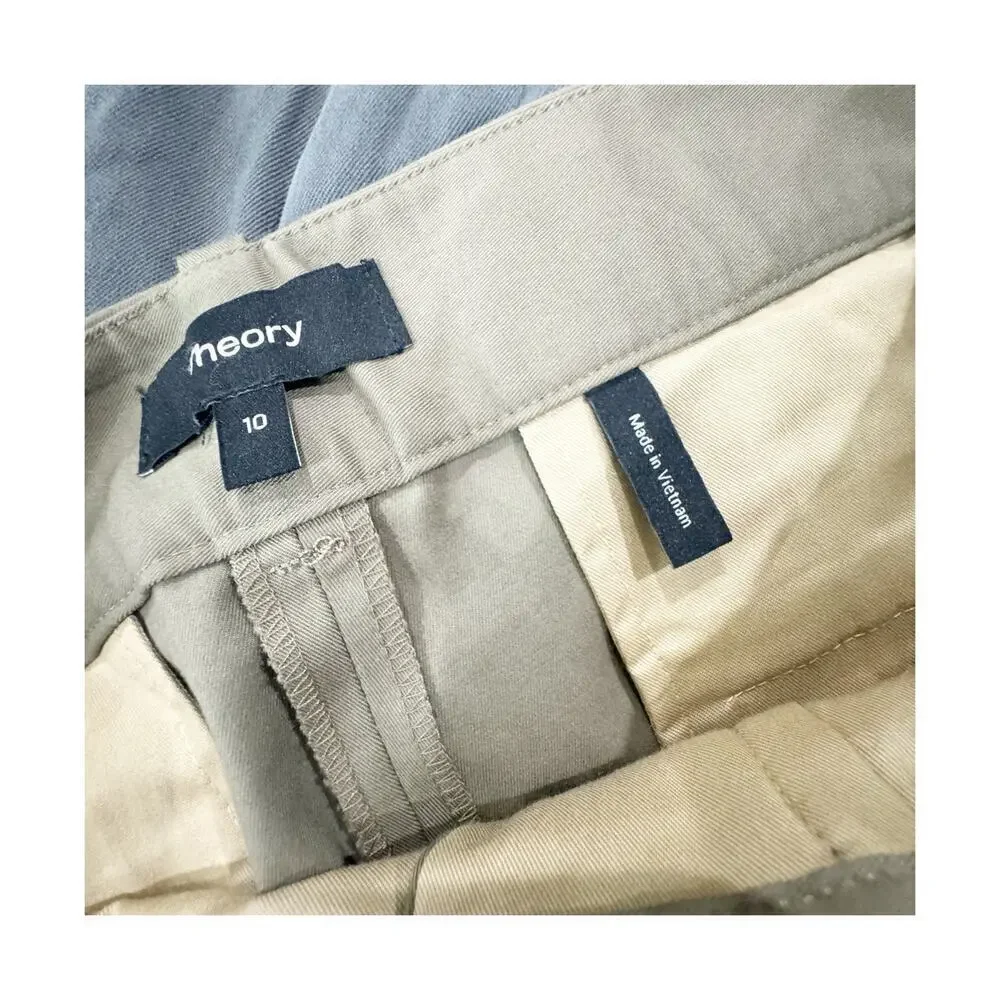 Theory High-Rise Pleated Shorts in Stretch Cotton Twill Olive Size 10 NWOT